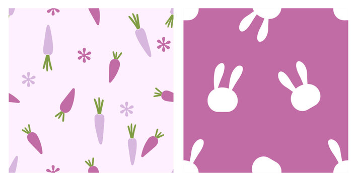 Carrot and bunny ears seamless pattern pastel purple cute background design.
