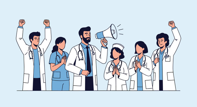 Group of medical workers in uniform expressing unity and support while one doctor speaks through a megaphone during an event.