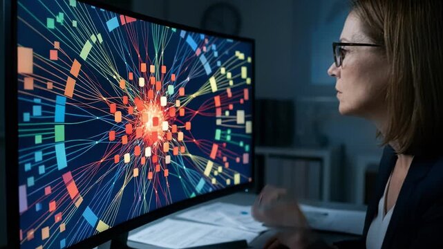 Investigator concentrating on decomposed equity fund returns revealed on a highresolution display showing sector weights and security effects with a clear focal point.