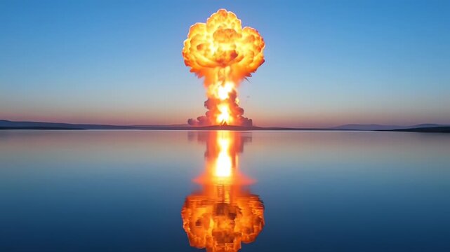 Massive nuclear bomb explosion over calm lake with water reflection at sunset. Cinematic doomsday and apocalypse concept.
