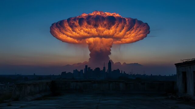 Massive nuclear bomb explosion over city skyline viewed from abandoned rooftop at sunset. Cinematic doomsday and urban destruction concept.
