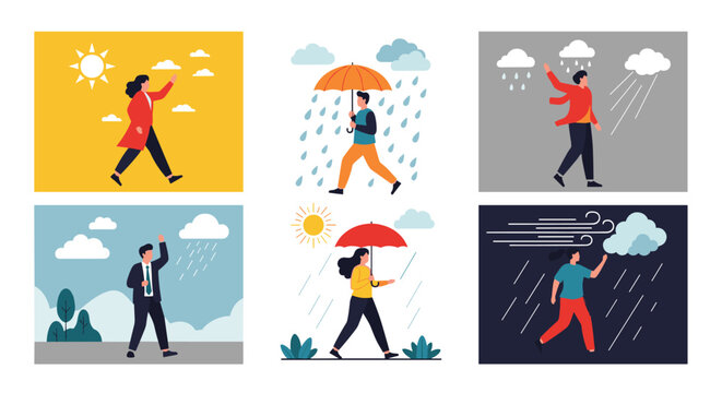 Set of cards showing people walking in different weather conditions like sunny, rainy, windy, and snowy with appropriate gear.