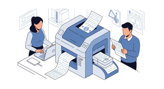 Professional team operating a high volume industrial printer and photocopier for document production in a modern office setting.