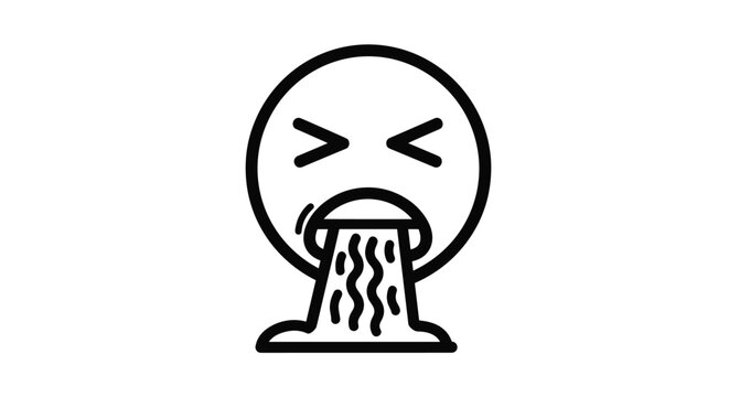 Simple black and white line art icon of an emoji face with closed eyes and mouth open vomiting for expressing sickness or disgust.