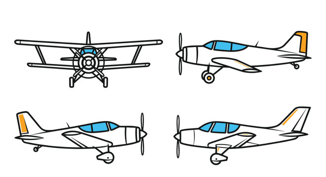 Technical drawing showing front and side profile views of a small single engine propeller aircraft for aviation and engineering.