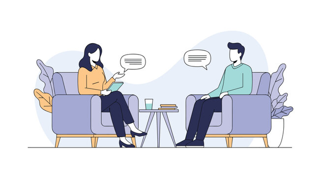 Professional psychotherapy session with a woman taking notes while talking to a man in a comfortable office setting with armchairs.