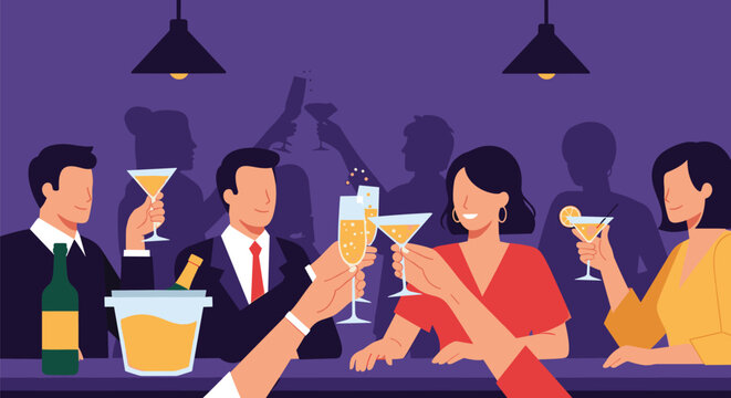 Group of colleagues celebrating at a party and raising their glasses of champagne and cocktails for a toast in a vibrant bar setting.