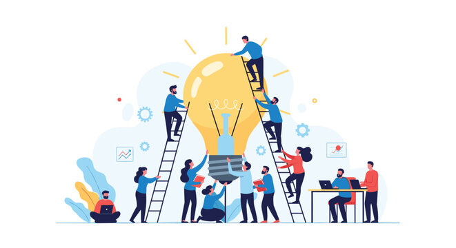 Creative team of tiny people collaborating together to build a giant glowing light bulb as a symbol of shared innovation and ideas.
