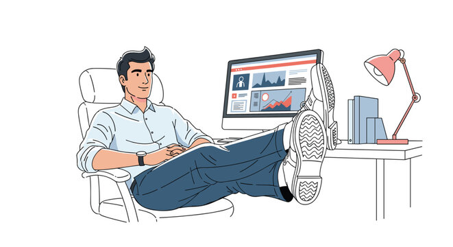 Successful businessman relaxing in a comfortable white office chair with his feet up on the desk in front of a computer showing data charts.