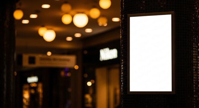 Lightbox Display Panel on a Dark Column in a Shopping Mall with Blurry Warm Light Orbs and Storefronts in the Background