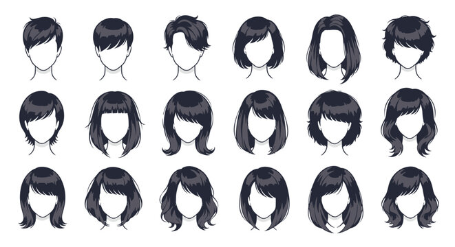 Collection of fifteen female hairstyle silhouettes and portraits showing various hair cuts and lengths in a stylish black design.