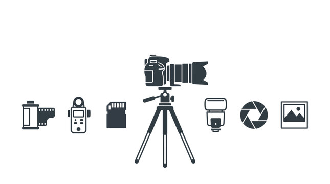 Set of professional photography equipment icons in flat black design.
