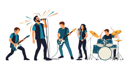 Obraz premium Energetic rock band with a male singer, guitar players, and a drummer performing a live music concert on stage with dynamic spotlights.