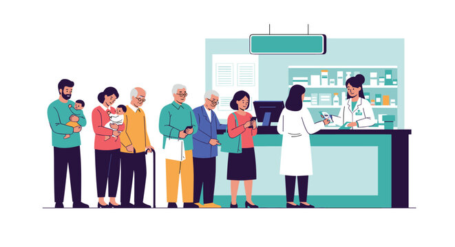 Long line of diverse customers waiting at a pharmacy counter to receive prescriptions and advice from a professional female pharmacist in lab coat.