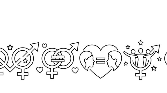 Seamless horizontal border of gender equality and social inclusion symbols.