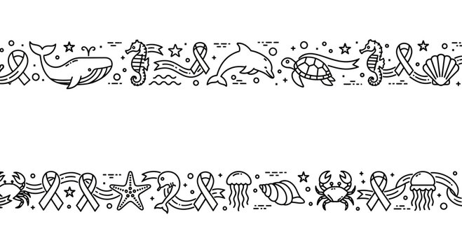 Seamless horizontal border with hand drawn marine life and awareness ribbons.