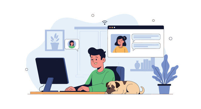 Happy male freelancer working on a laptop at a home office desk with a cute sleeping pug dog companion and a video call active on the screen.