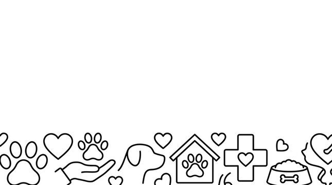 Seamless horizontal border with line art pet icons.