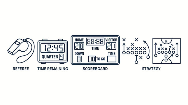 Set of American Football Game Elements Line Art Icons.