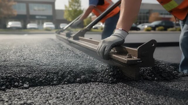 Closeup of repaving crew smoothing asphalt on a property parking lot with sharp focus on tools and hands while surrounding buildings fade softly out of focus.
