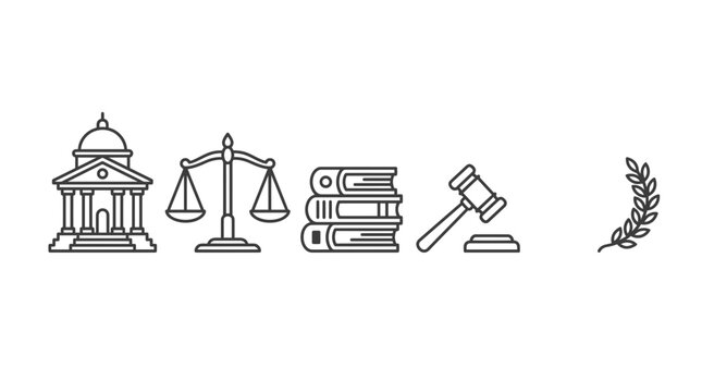 Set of law and justice thin line icons featuring court building scales of justice law books judge gavel and laurel branch.