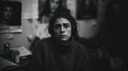 Obraz premium Sad woman in headphones sitting in dim room. Portrait of lonely girl expressing sorrow and isolation. Documentary black and white scene depicting depressive mood and melancholy emotion.
