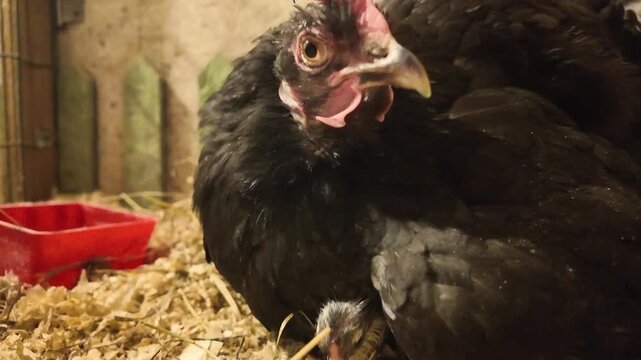 Close up farm video of protective mother hen defending her newly hatched chick while tiny newborn chick calmly hides beneath her feathers. Human hand appears in frame to adjust nesting area and hen