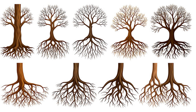 Collection of pixel art trees with detailed root systems, presented in a grid on a light background