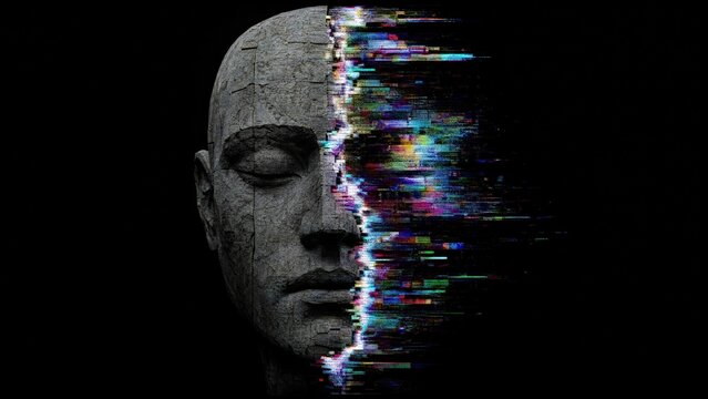 Human head statue with digital glitch effect. Surreal transformation of stone face into colorful pixel art. Concept of artificial intelligence, cybernetic evolution and virtual reality.