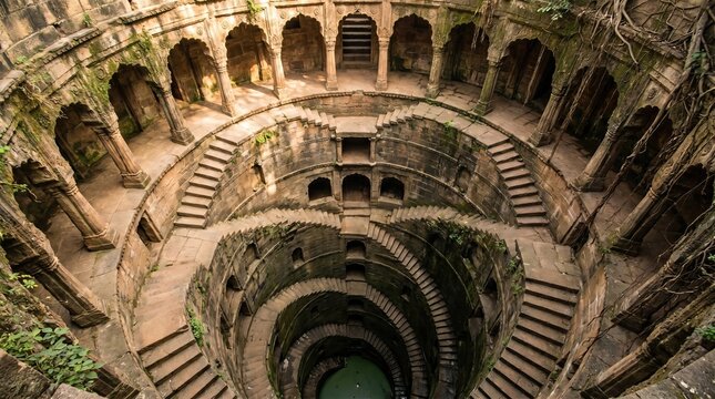 Ancient stepwell with symmetrical stone staircases leading down to the water. Historical architecture of India featuring arched pillars and intricate underground tunnel construction, monument.