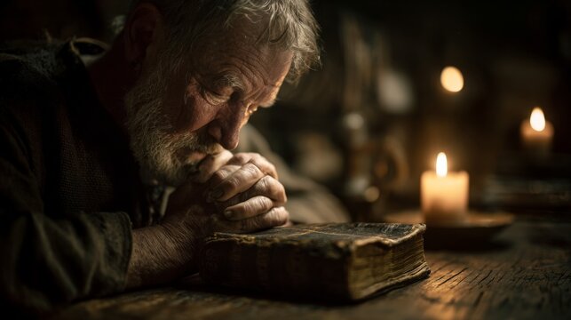 Ancient book rests on worn wooden table. Candlelight casts warm glow over aged pages. Worn hands kneel in quiet reverence. Man's face shows deep thought or prayer. Dark room hums with solemn stillness