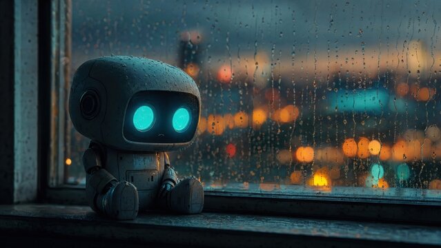 Small sad robot sitting on windowsill looking at rain. Lonely machine with digital glowing eyes watching city lights through window. Melancholic atmosphere of artificial intelligence.