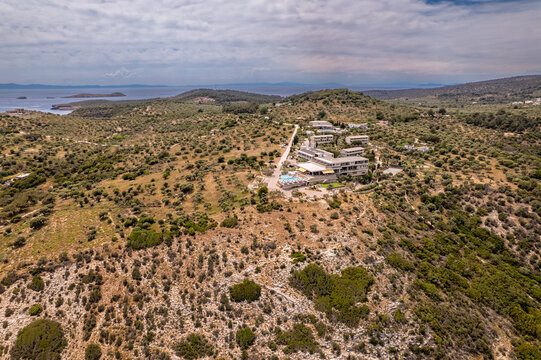 Aerial view of a hotel resort on greek coastline