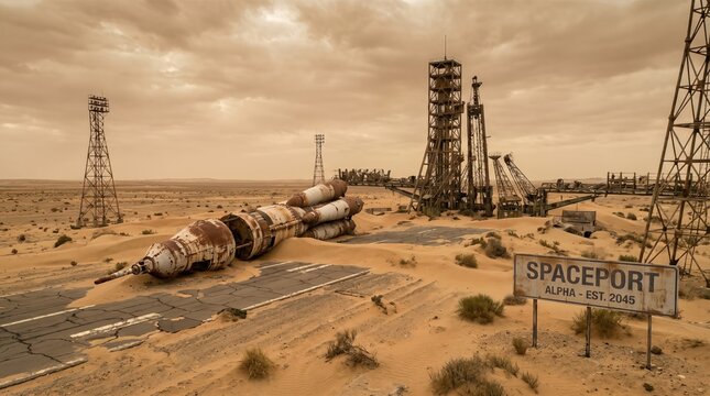 Abandoned rocket lying on desert runway at spaceport. Futuristic post apocalyptic landscape with broken spaceship and launch tower. Ruined science fiction base at barren planet.