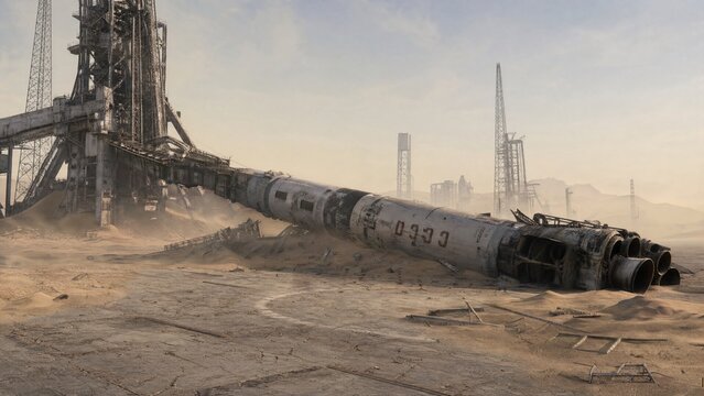 Crashed rocket lying in desert sand near abandoned launch pad. Post-apocalyptic landscape depicting failure of space exploration mission. Industrial wasteland and science fiction scene.