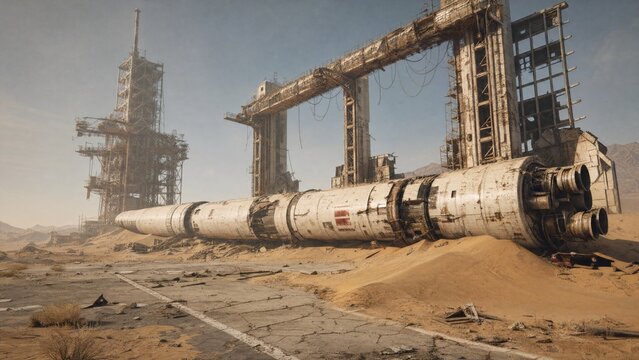 Abandoned rocket lying on desert sand near derelict launch pad. Post-apocalyptic landscape with ruined aerospace technology. Concept of space exploration decline and forgotten science.