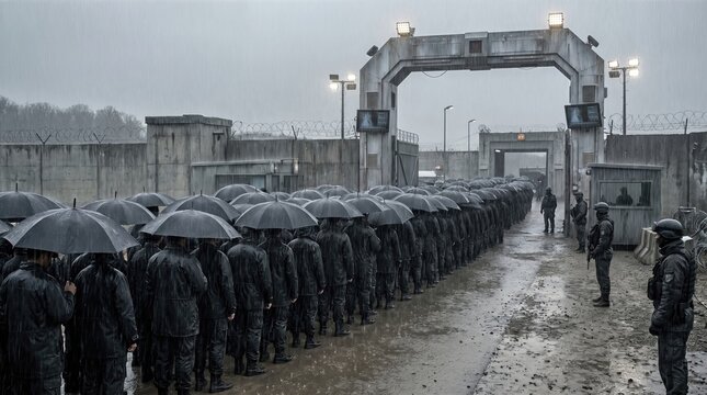 Crowd of men standing in line with umbrella outside high security prison gate. Soldiers guarding inmates during rain. Depiction of dystopian penal system, captive group and law enforcement.