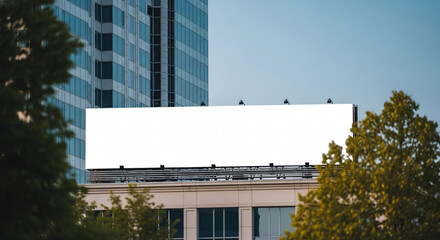 Obraz premium White empty billboard on a building roof with a modern high-rise glass building and green trees against a clear blue sky