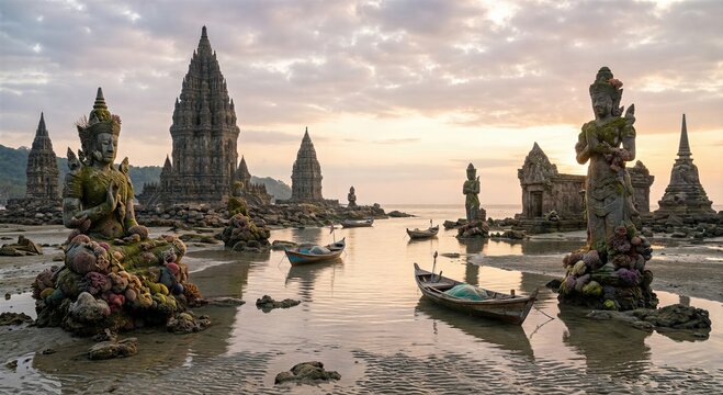 Ancient temple ruins with stone statues and wooden boats on the shoreline. Exotic historical landscape at sunset. Architectural landmark of island culture, travel and tourism destination.