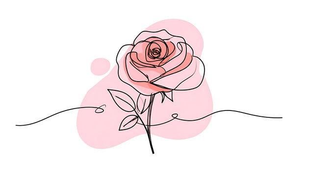 Continuous line drawing of a pink rose with simple abstract pastel shapes, elegant floral element for design