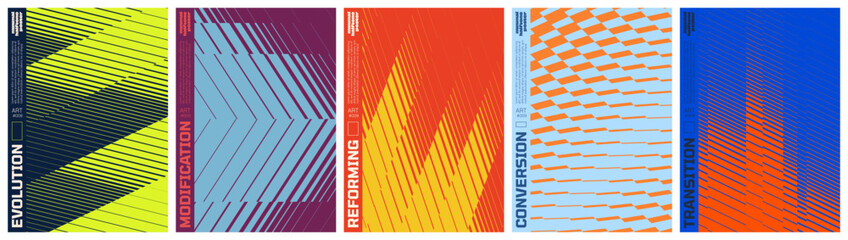 Naklejka na ściany i meble Abstract vector poster set with linear gradients and geometric distortion patterns, Minimalist halftone artwork visual transformation and dynamic motion ornament with transition effect, kit 4