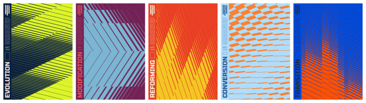 Abstract vector poster set with linear gradients and geometric distortion patterns, Minimalist halftone artwork visual transformation and dynamic motion ornament with transition effect, kit 4