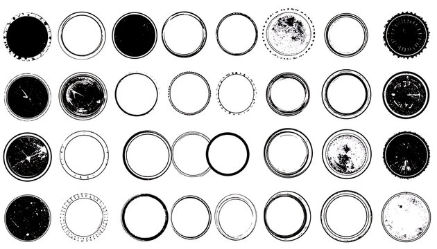 Collection of various circular grunge stamp and seal textures, distressed borders, and abstract grainy elements for design overlays