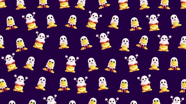 Adorable 3D Halloween animation featuring cute ghosts and pumpkins in a seamless looping pattern background. 