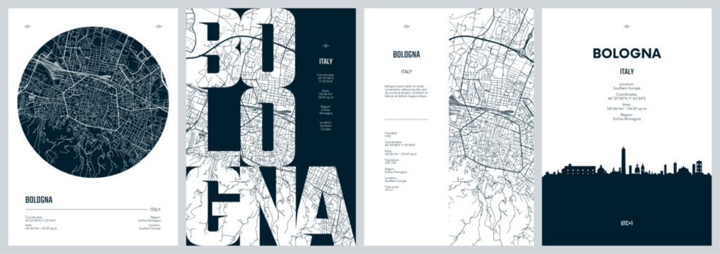 Set of travel posters design with street plan Bologna, Emilia-Romagna region in northern Italy, Silhouette city skyline, vector artwork, Monochrome printable detailed urban city map