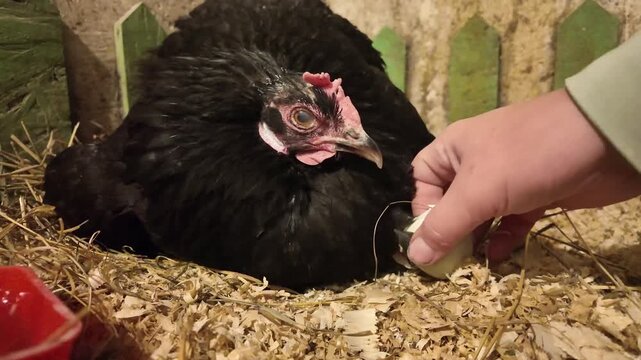 Close-up footage of a black brooding hen protecting a newly hatched chick inside a chicken coop on a family farm. Human hand carefully lifts a broken eggshell with visible membranes after hatching