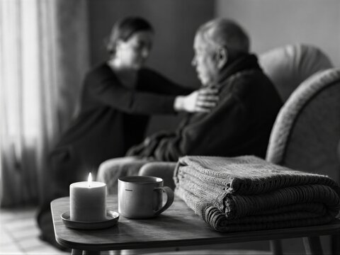 Woman volunteer comforting elderly man sitting in armchair. Charity and care concept. Support for senior person in nursing home or hospice. Domestic scene with candle and warm blanket.
