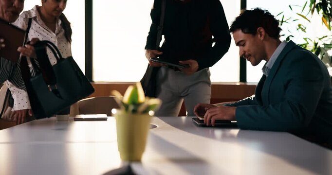 People, arrival and meeting with team in boardroom, corporate law and brainstorming with technology. Business lawyer, walk and colleagues with laptop for lawsuit preparation, happy and collaboration
