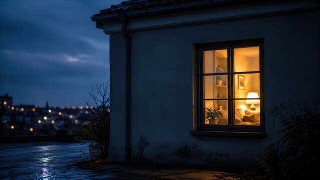 Light shining from inside house window at night. Warm home interior contrast with dark cold street. Concept of safety, comfort, shelter, charity housing and caring for homeless.