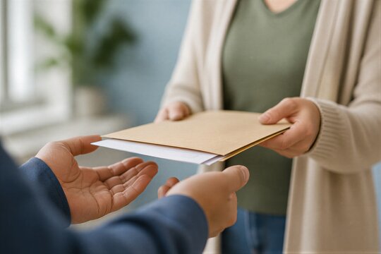 Woman handing envelope to man. Volunteer giving document to recipient. Concept of charity, support, and help. Social service and paperwork interaction in international day of charity.